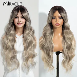 MIRACLE Body Wave Synthetic Lace Front Wig With Bangs 28 Inch Middle Part Lace Frontal Wig Ombre Brown Cosplay Wigs For Women