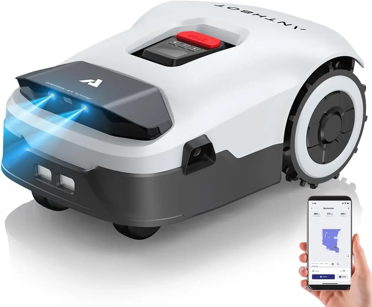新品ロボット芝刈り機ワイヤーなし - 0.22エーカー、フルバンドRTK + 4アイビジョンロボット芝刈り機
