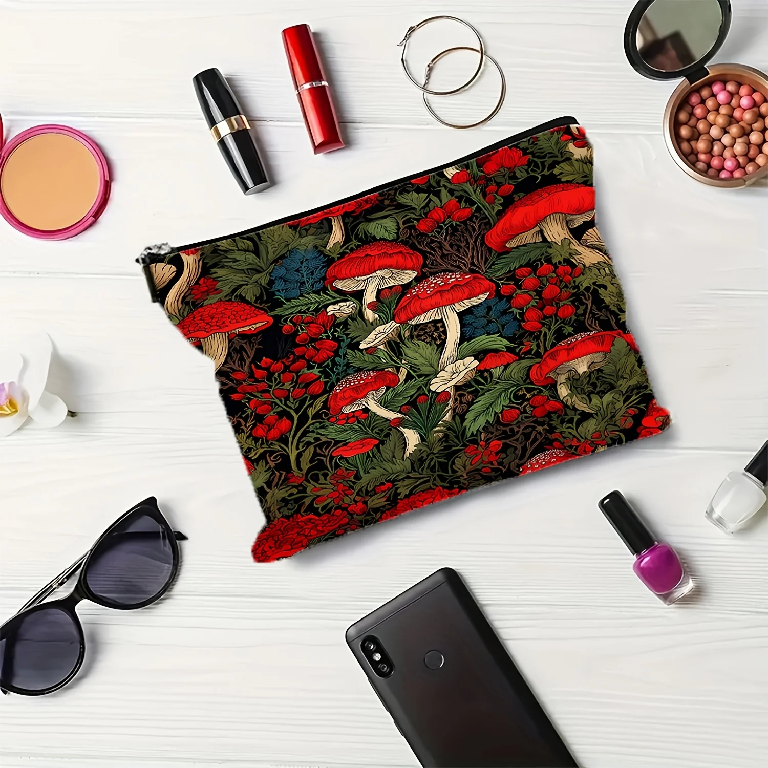 1Pc Bright Red Mushroom Retro Design Makeup Bag, Snack Storage Bag, Stationery Storage Bag, Fashionable Toiletry Bag, Canvas Double-Sided Printing, Multifunctional Travel Storage Bag view 4