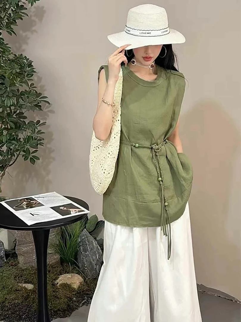 

Boho chic summer women's 100% linen sleeveless tunic blouse
