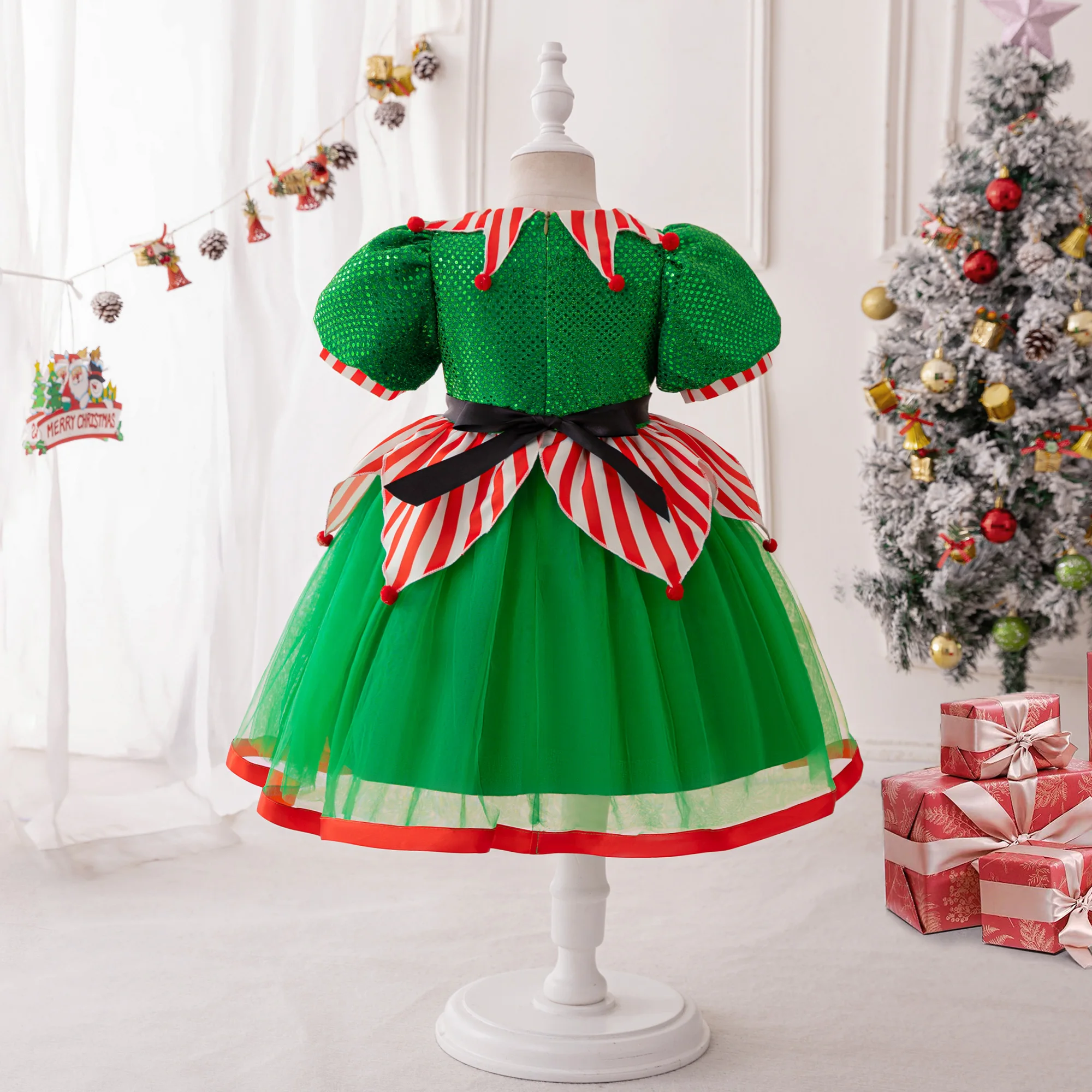 Mesh Christmas Party Stripe Tutu Dress Girls Green Puff Sleeve Carnival Dresses Kids Santa Claus Clothes Girl New Festival Gown