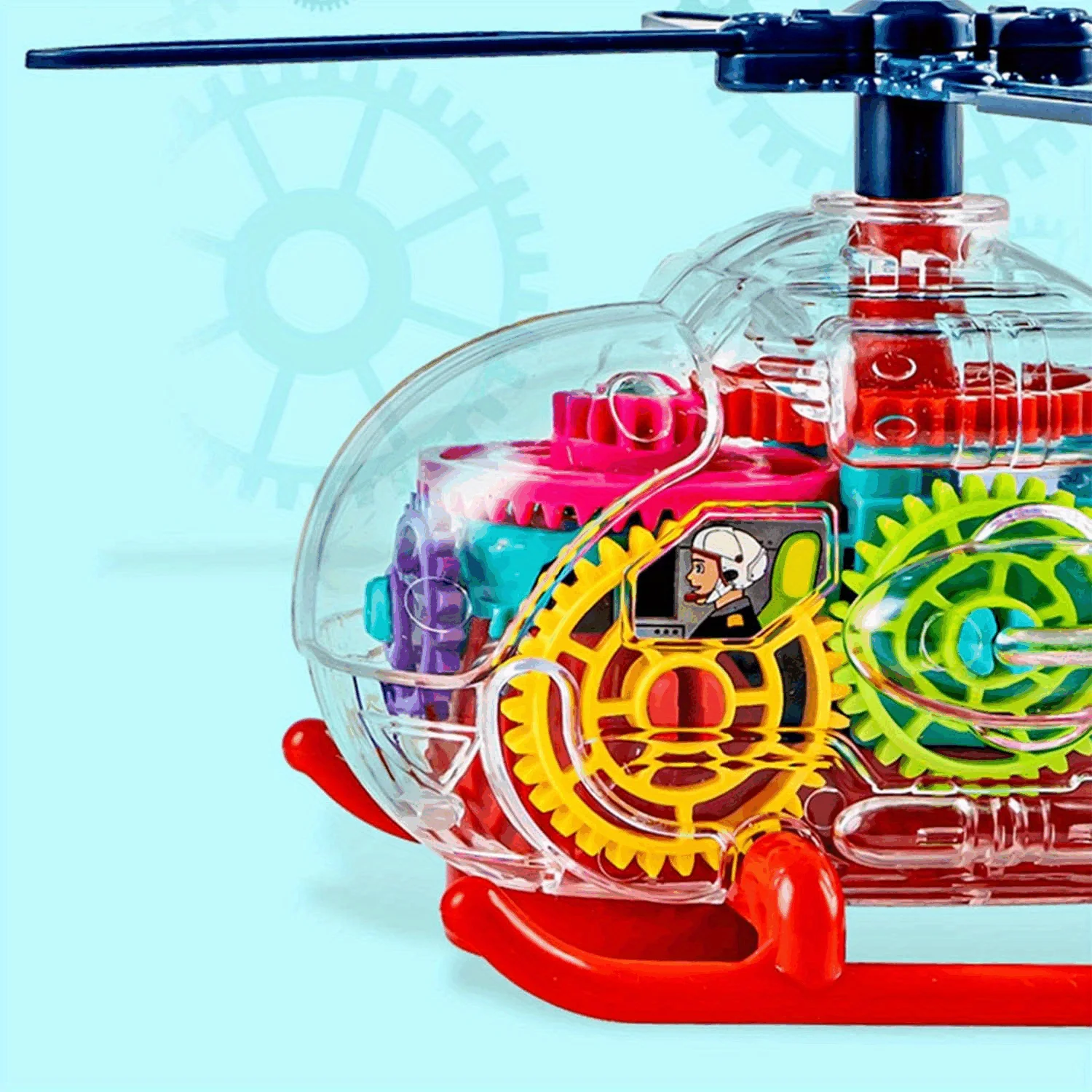 Transparent Electric Gear Helicopter Toy with Flashing Lights and Music, Electric Gear Locomotive Toy, Mechanical Learning Toy