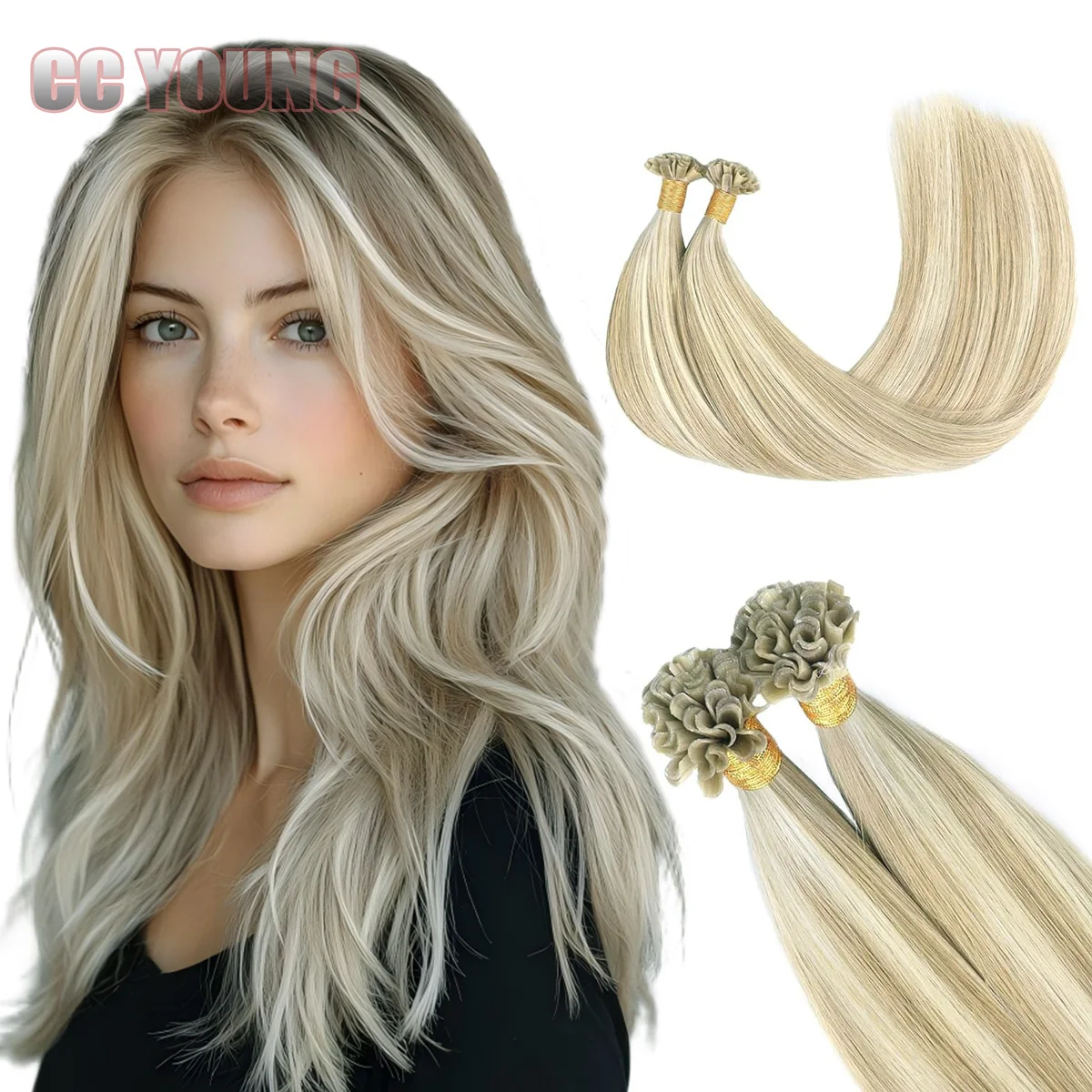 U Tip Hair Extensions 100% Human Hair Nail Tip Hot Fusion Italian Keratin Hair Extensions 50 Strands Highlight Blond Color