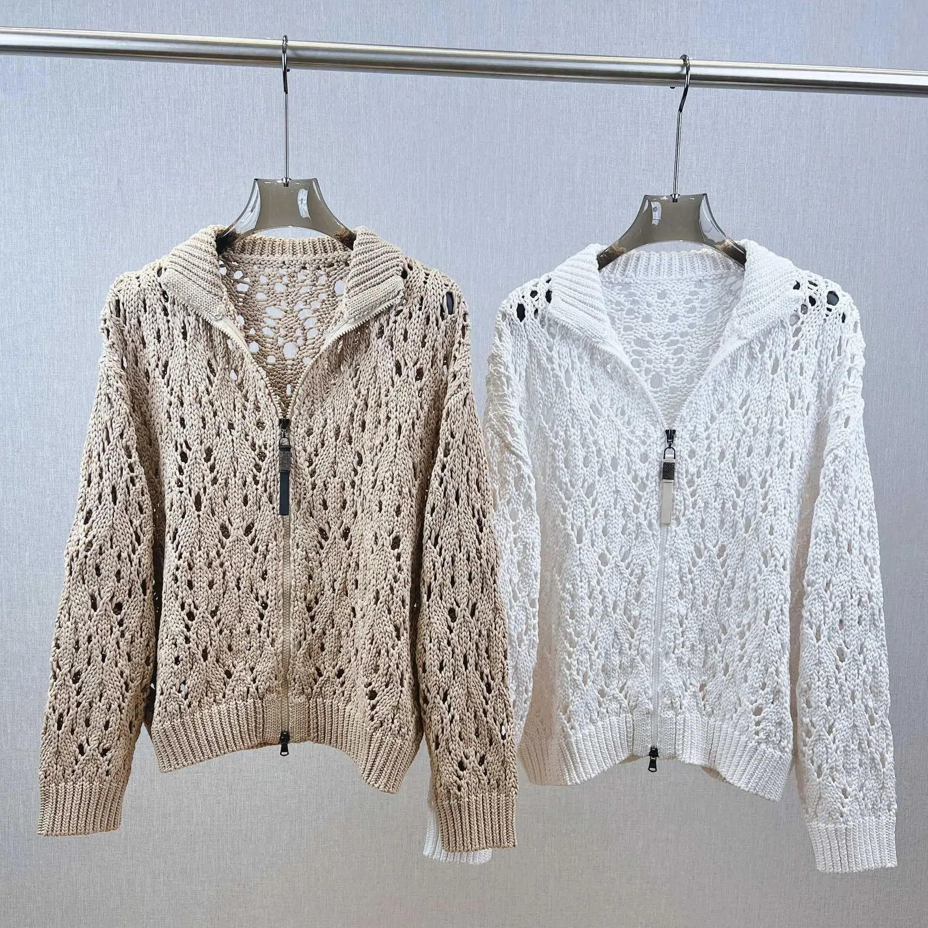 Elegant beading decorated high collar crochet zip cardigan