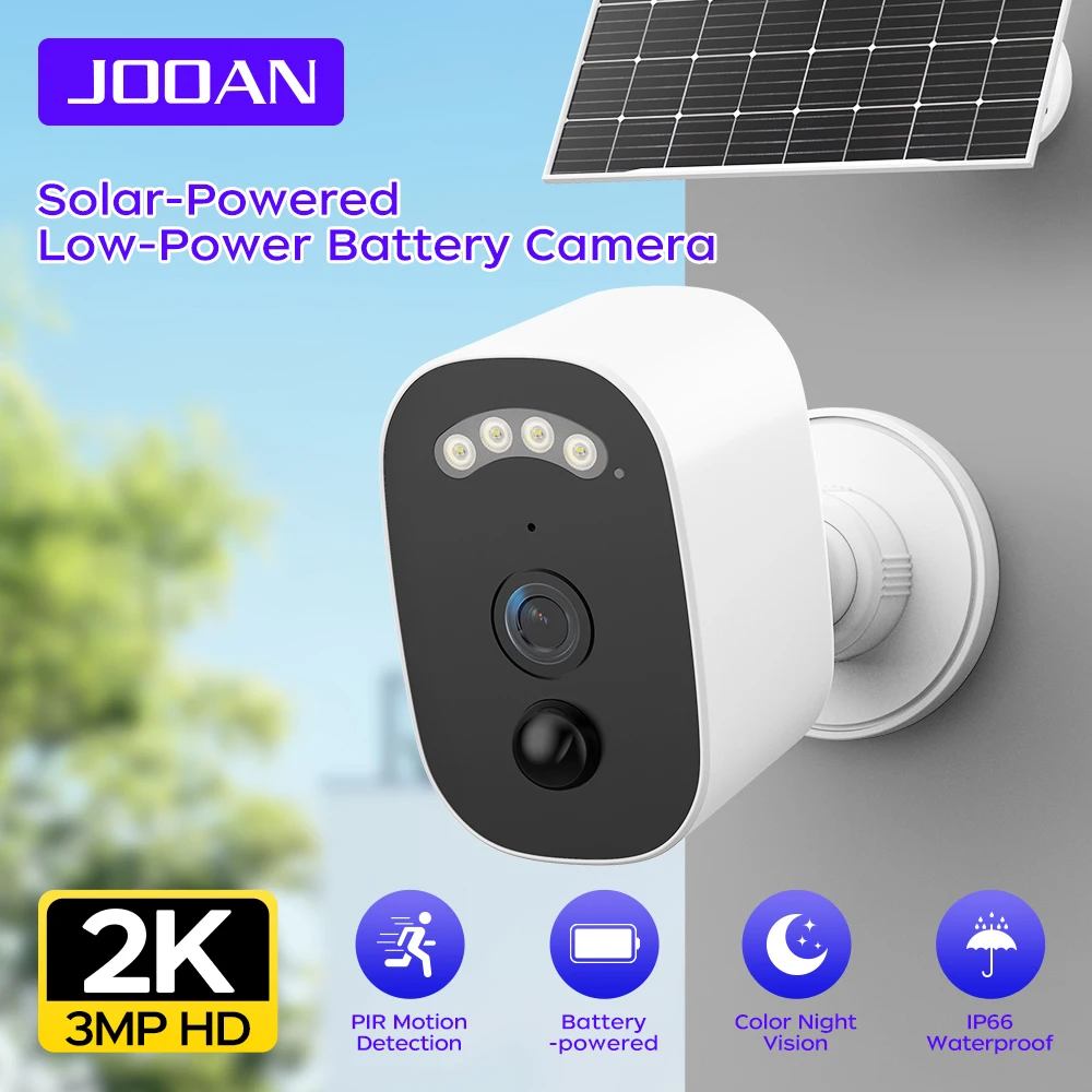 

Уличная камера JOOAN 2K HD на солнечной батарее, 2.4G Wi-Fi, беспроводная, с обнаружением человека, цветным ночным видением, аудио и видео, на аккумуляторе