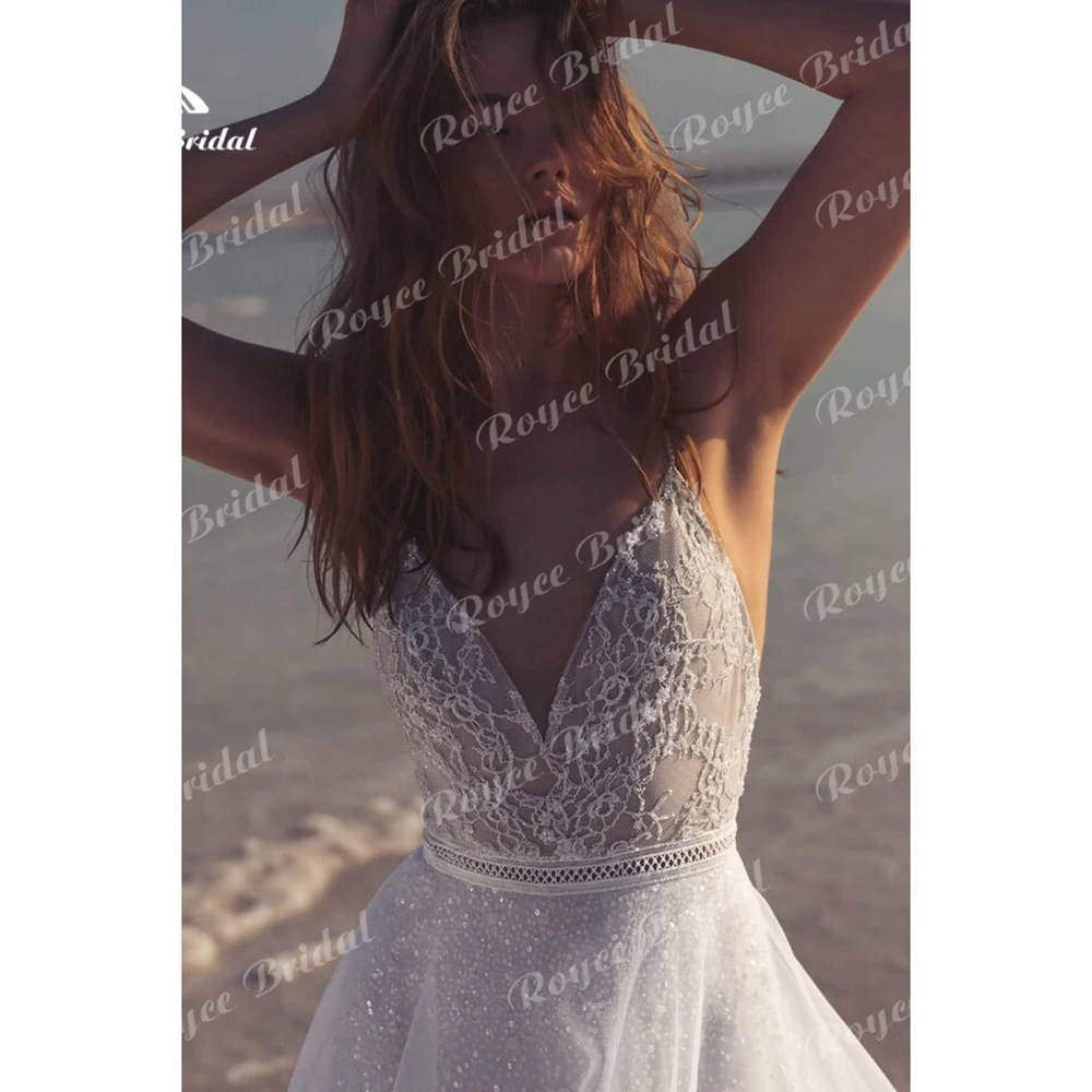 Vestido de novia Sexy con cuello en V y tirantes finos para mujer, Top de encaje con Espalda descubierta, línea A, vestidos de novia