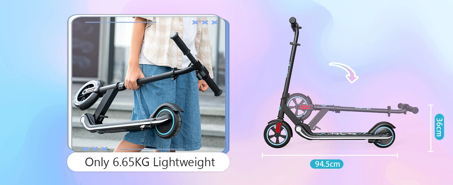 RCB R11 Kids Electric Scooter for Age 6-12, 150W Motor, 3 Speed Modes up to 9.9 mph & 5 Miles Range, 7"/6" Solid Tyres, LED Lights & Display, Bluetooth Speaker, Foldable 6.65kg, CE Certified