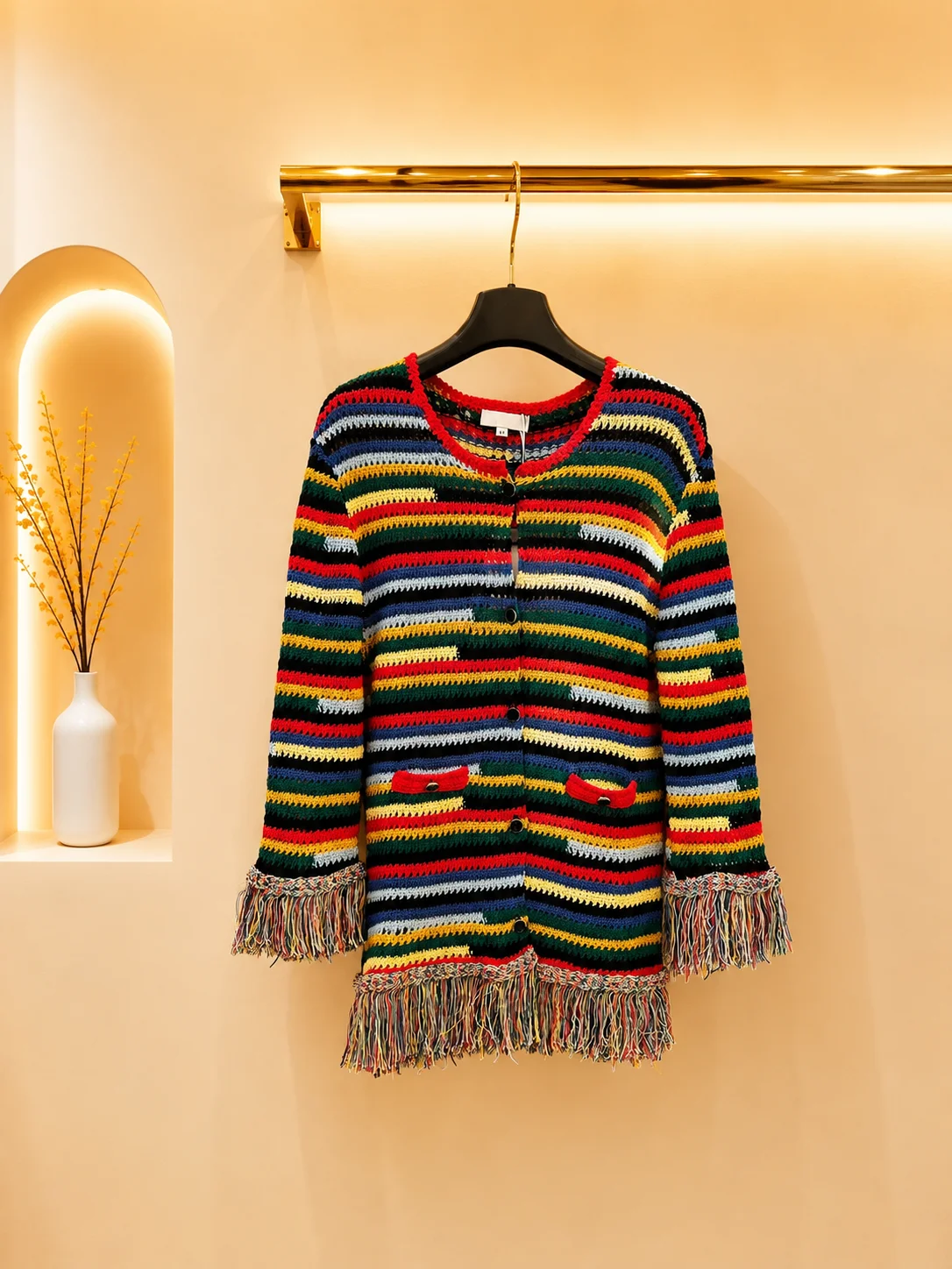 2026 Women Knitwear Color Block Stripe Cardigan Fringe Hem Cuff Hollow Crochet Round Neck Single Breasted