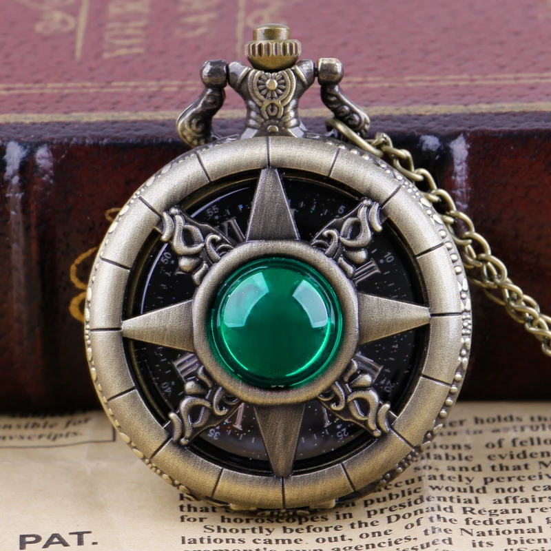 New Green Gem Design Quartz Pocket Watch Necklace Retro Women's Pendant with Chain Watches relogio masculino