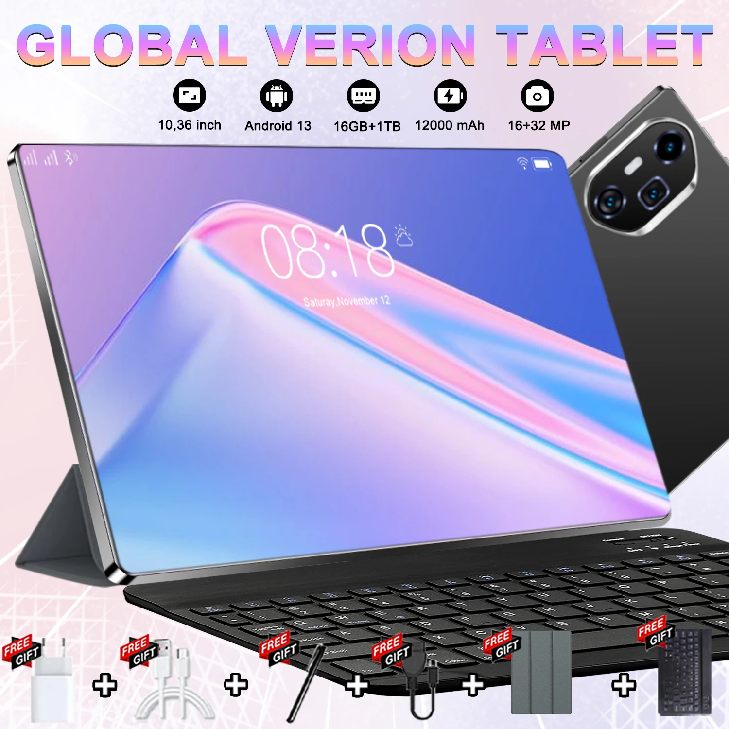 Tablette Android 13.0 10,36 pouces 16MP 32MP 2026 originale, 16 Go de RAM, 1 To de ROM, 10 cœurs, 12000 mAh, 4G 5G Wifi