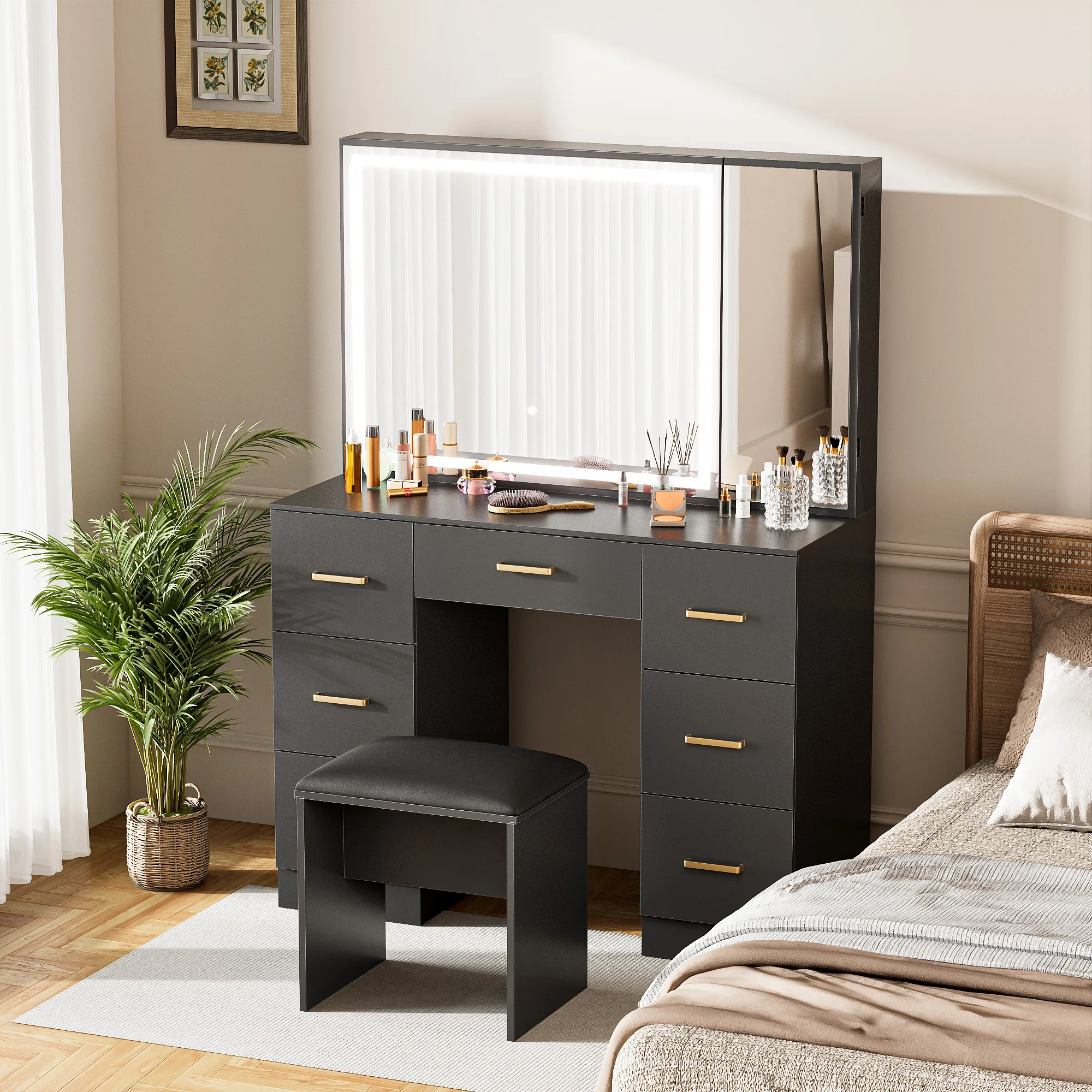 طاولة زينة خشبية مع مقعد/7 أدراج/مرآة/سطوع قابل للتعديل مناسبة لغرفة النوم وغرفة الملابس المنزلية