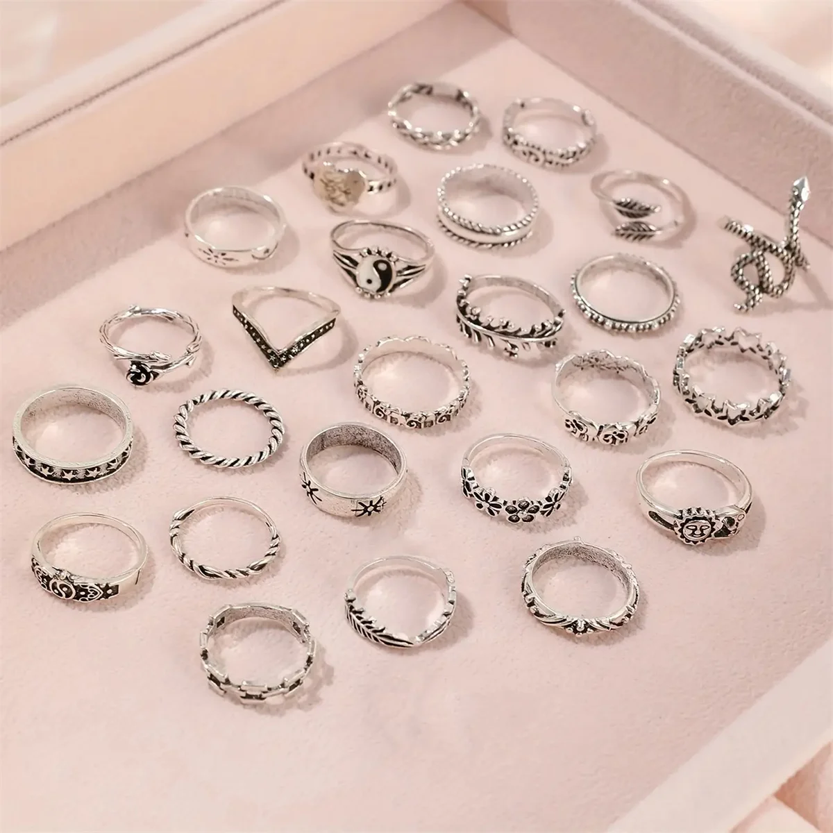 Juego de anillos apilables bohemios Vintage, 25 uds., étnico, Luna, sol, estrella, árbol, elefante, serpiente, frases de amor, fuerza familiar, joyería de paz fo