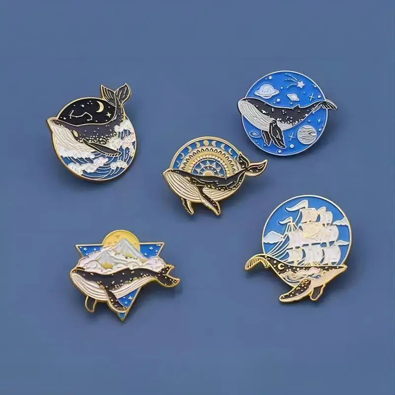 New Animal Whale Ocean Sailboat Metal Brooch Creative Design Lapel Pin High Aesthetic Cartoon Enamel Badge Accessories