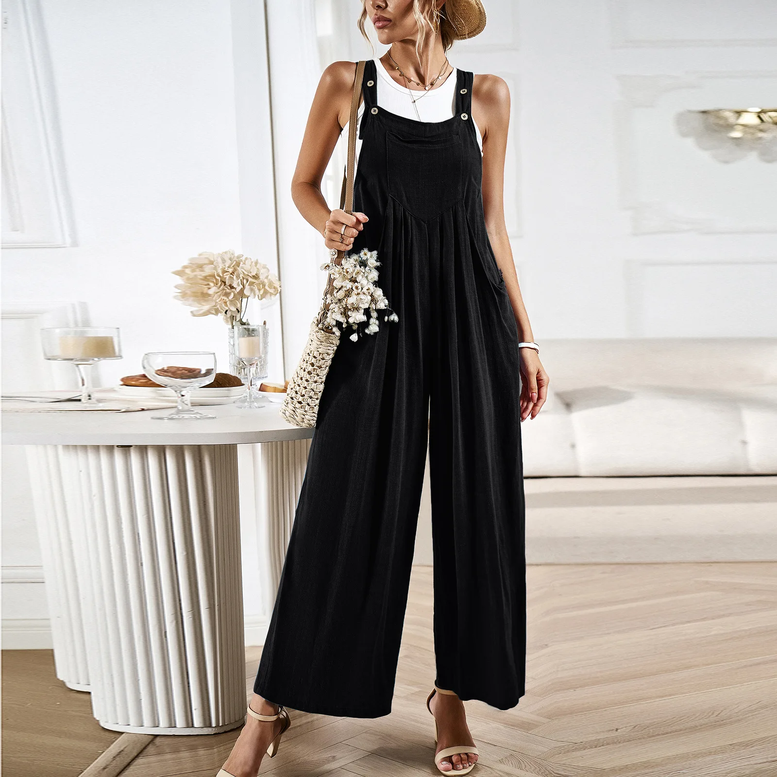 Ladies Bib Pants Suspender Trouser Loose Casual Female Women One-Piece Romper Overalls Wide-Leg Jumpsuit Streetwear Plus Size