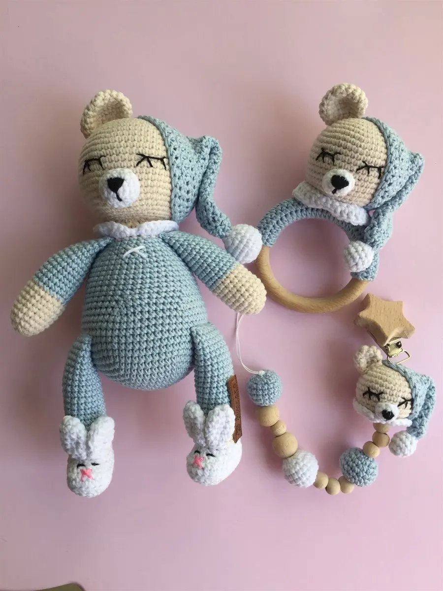 

Handmade Amigurumi Baby Blue Sleepy Bear 22 cm Rattle and Pacifier Chain Set of Three