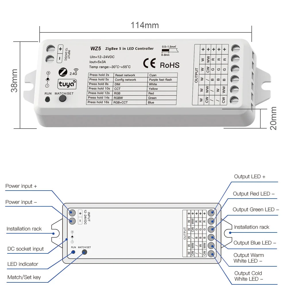 ZigBee 3.0 LED Controller 5-in-1 Tuya Smart APP Control 3A*5 Channel CCT RGB RGBW RGBWC Strip Dimmer RF 2.4G 12V 24V High Power