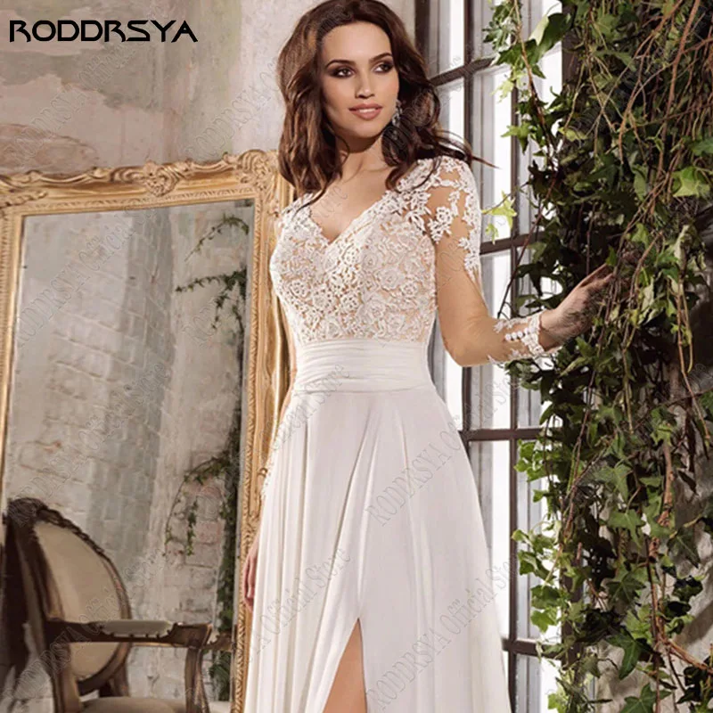 Roddrsya vestido de novia chiffon lado dividido en mangas largas aplicación vestido de novia con tirantes vRODDRSYA-vestido de novia de gasa con abertura lateral, manga larga, apliques con cordones, espalda descubierta