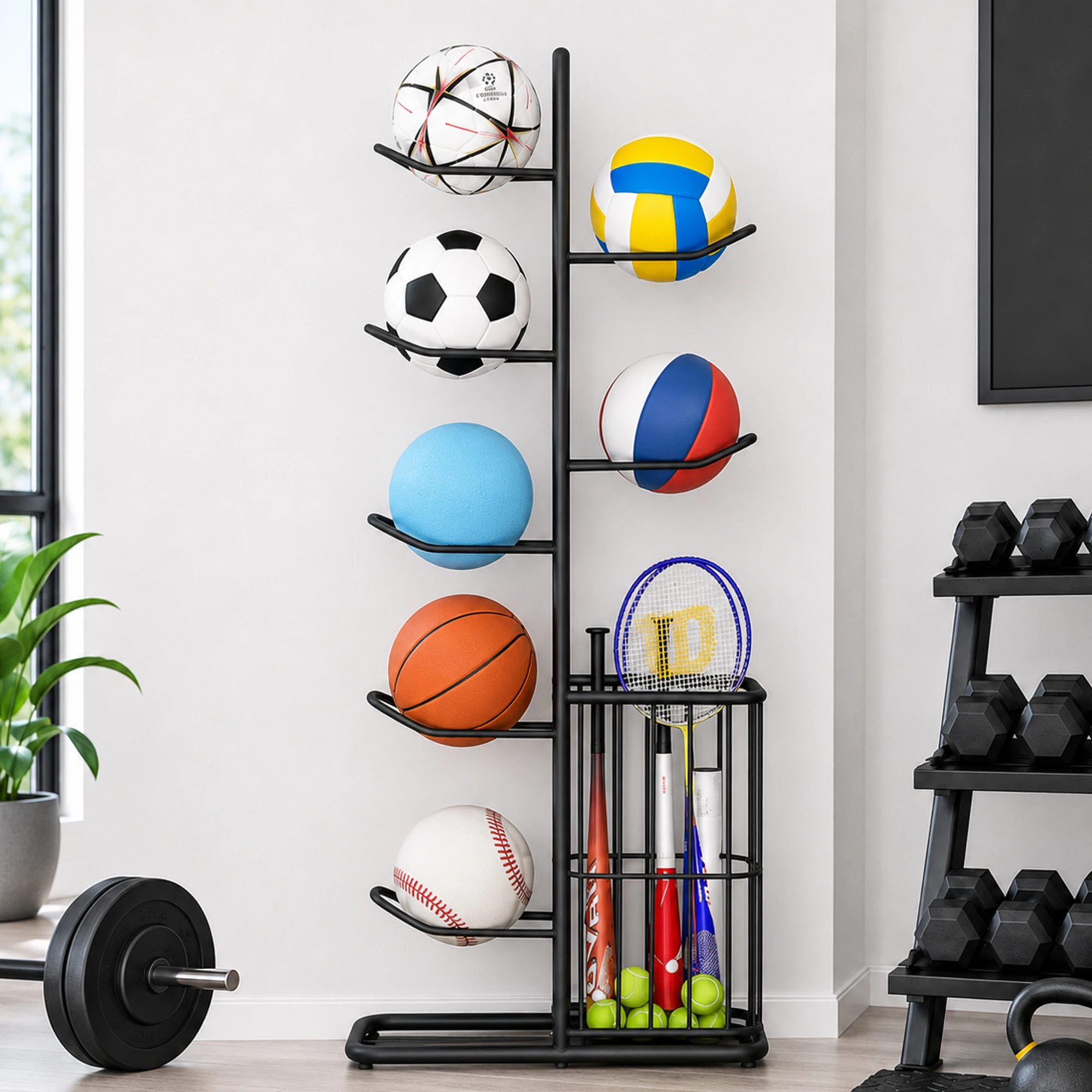 Porta palloni a 7 livelli, ideale per palloni da basket, calcio e pallavolo, per riporre l’attrezzatura sportiva, con supporti per palloni rimovibili, cestello laterale in rete, design salvaspazio e