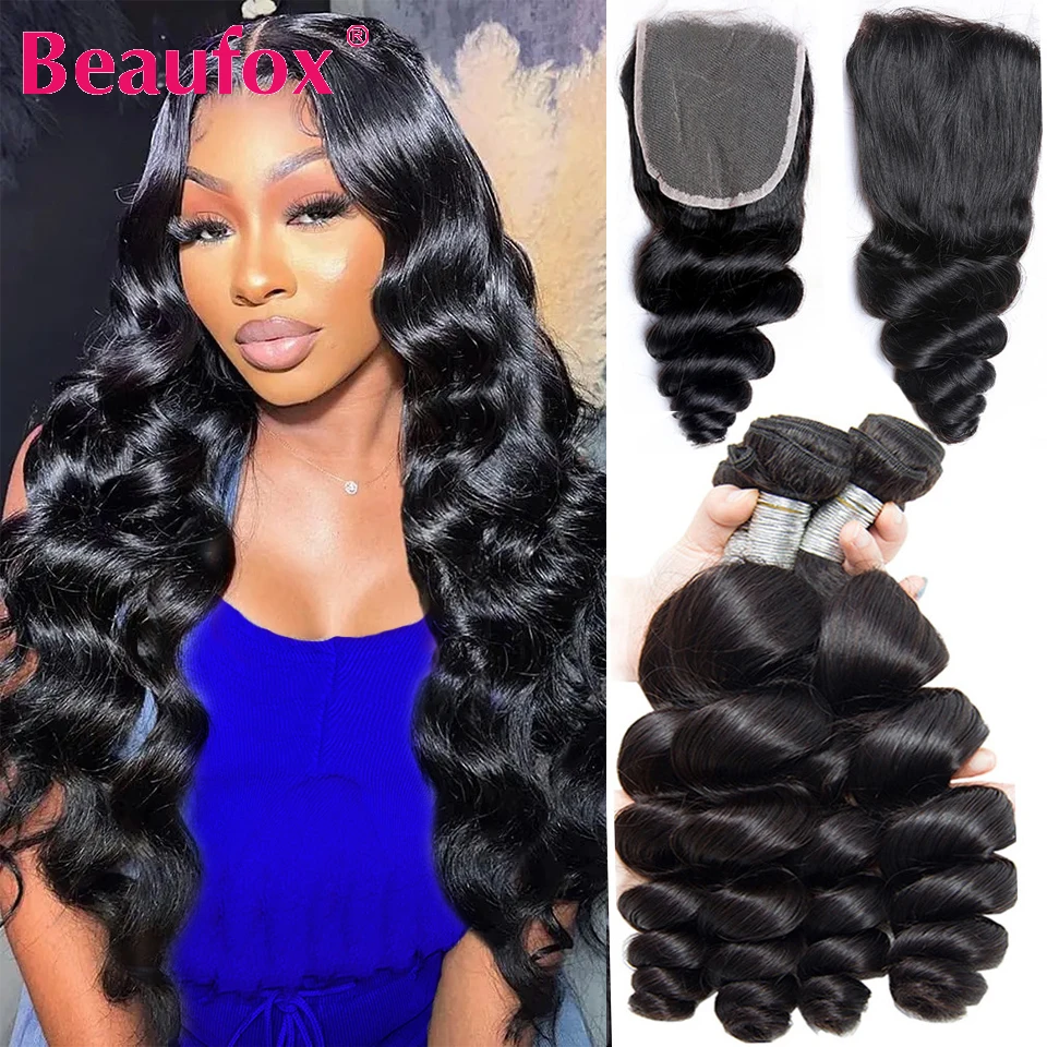 Beautfox bundel gelombang longgar Malaysia dengan penutup 100% rambut manusia tenun 3 bundel dengan penutup penutup penutup rambut Remy dengan bundel