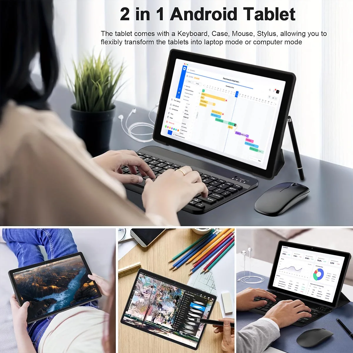 A10L Octa Core Android Tablet PC 10.1 Inch HD LCD Laptop Style Tablet Android 15 24GB(4+20 Virtual) RAM 64GB ROM 5000mAh Type‑C Complete Full Accessories Set Portable Tablet PC For Home Study Entertainment