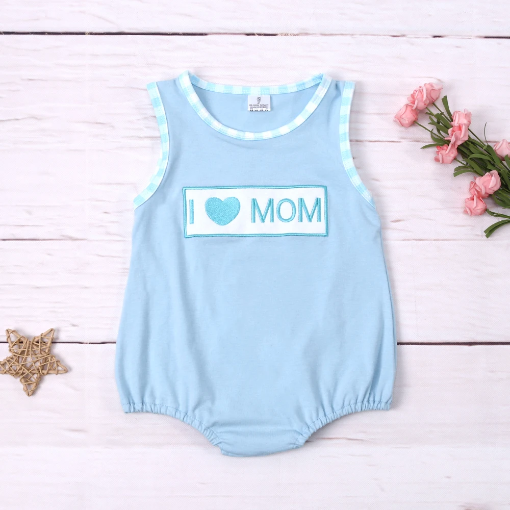 2023 Fashion New Summer Sleeveless Baby Boy Jumpsuit  I Love Mom Embroidery Bodysuit Blue Lattice One-Piece Clothes