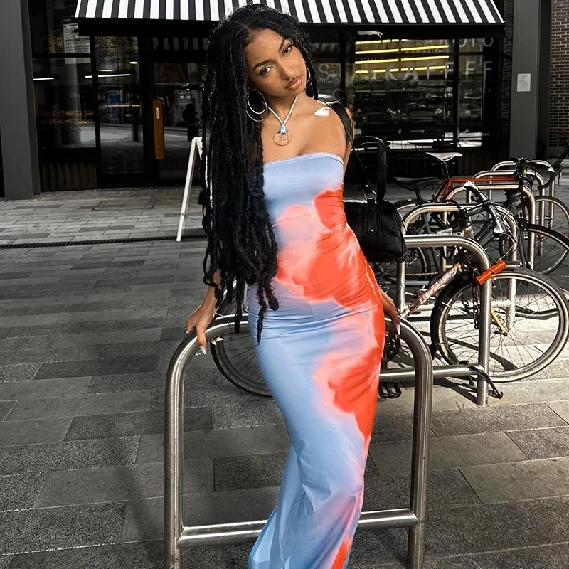 Seksowna sukienka bez ramiączek z nadrukiem Tube Maxi Dress Women Off Shoulder Backless Stretch Long Sundress Summer Beach Y2K Clothes — zdjęcie 2
