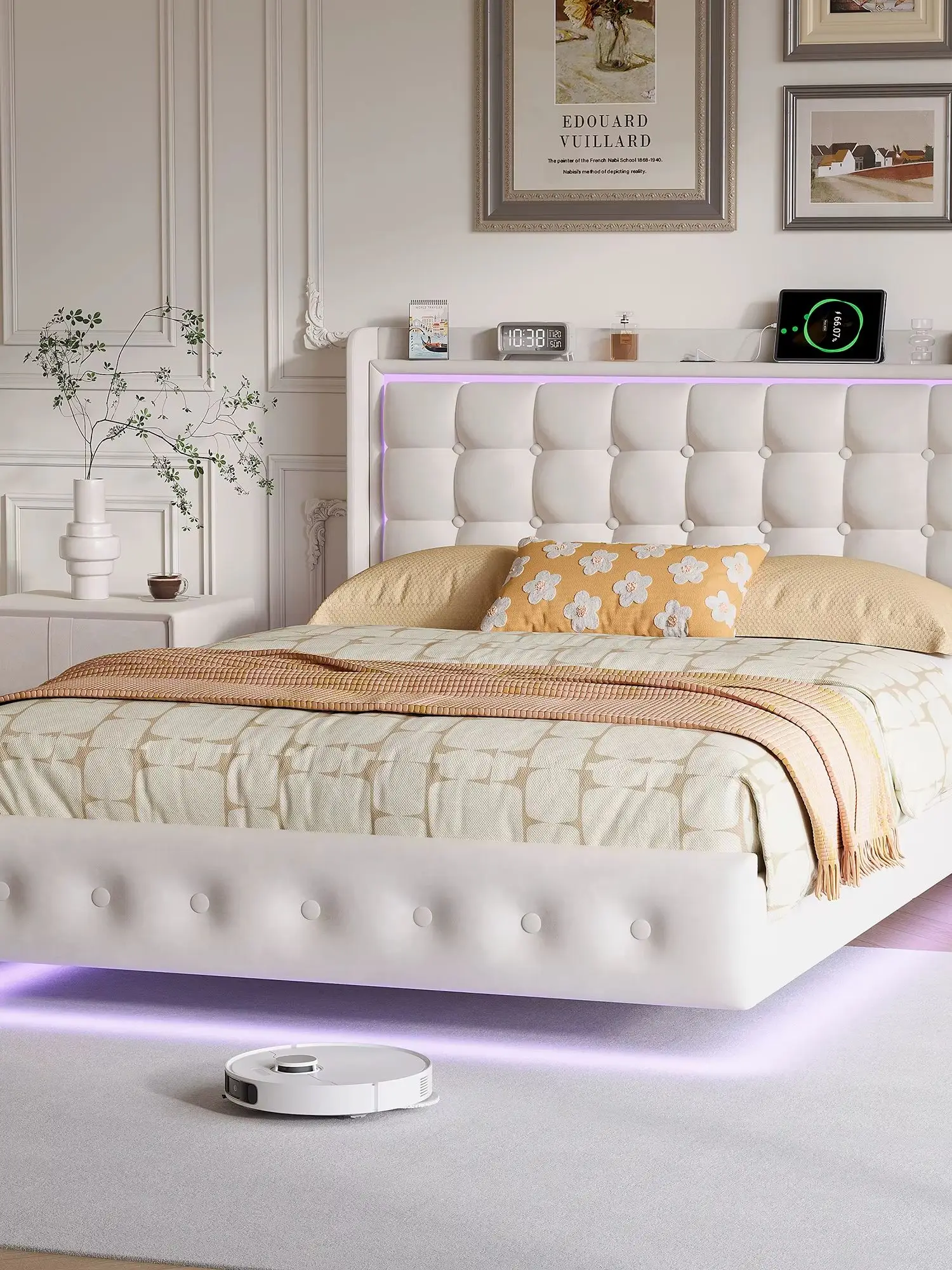 Polsterbett 160x200 cm Schwebebett, Bett mit LED Beleuchtung und USB, Modern Doppelbett Bettgestell mit Lattenrost, Schwebender visueller Effekt, Samt, Weiß, Ohne Matratze, Weiß