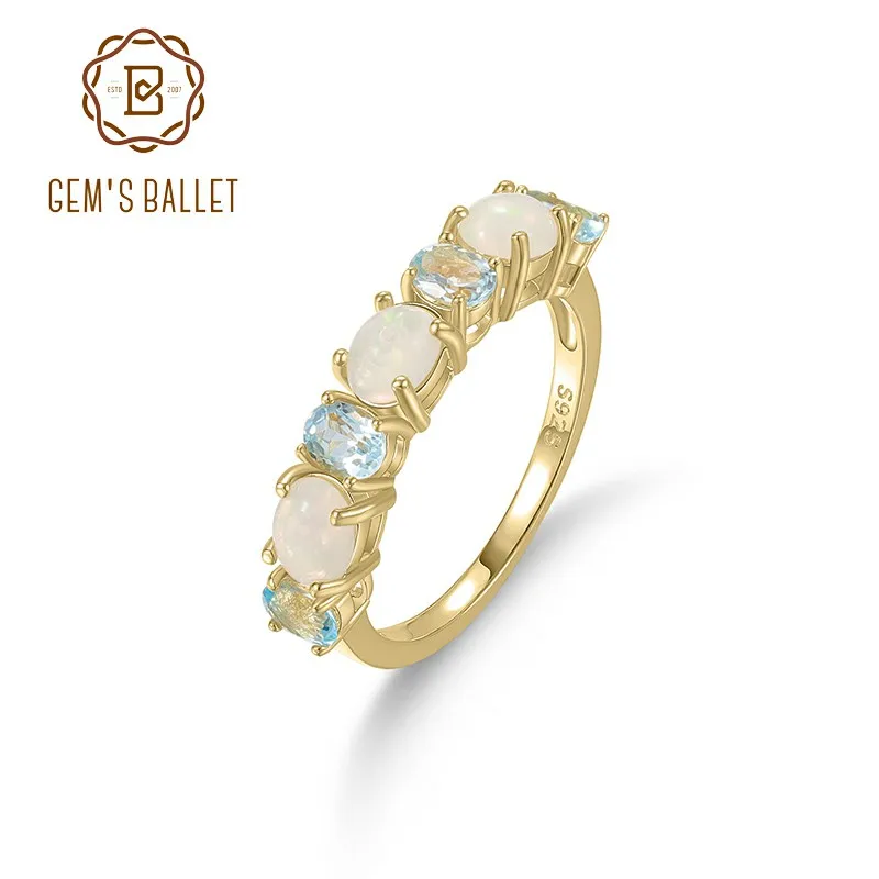 

GEM'S BALLET Oval 4x5mm Natural Ethiopia Opal & Sky Blue Topaz Half Wedding Band Ring in 925 Sterling Silver Gift For Her
