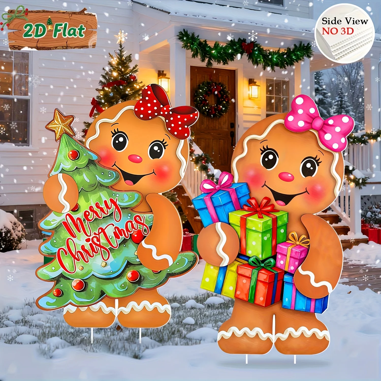 2-teiliges Weihnachts-Lebkuchenmann-Terrassenschild-Set mit Stange – Feiertags-Lebkuchenmann-Dekorationen, langlebige Rasenschilder aus Kunststoff für den Außenbereich – Detail 5