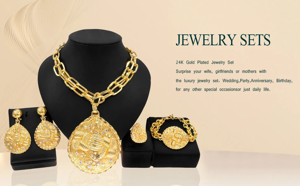 Nigeria Jewelry Sets for Wome Big Pendant Fashion Bridal African Gold Color High Quality Necklace Earrings Bracelet  Party SYHOL