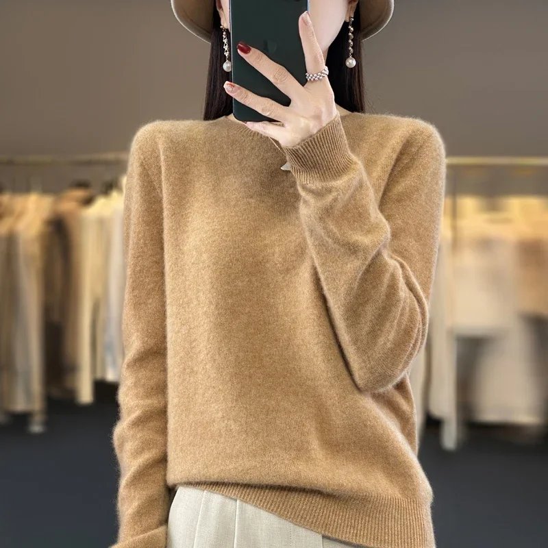 100% wełna merynosów sweter damski O-neck kaszmirowa dzianina damski sweter jesienno-zimowy Casual topy jednokolorowa miękka odzież — 2