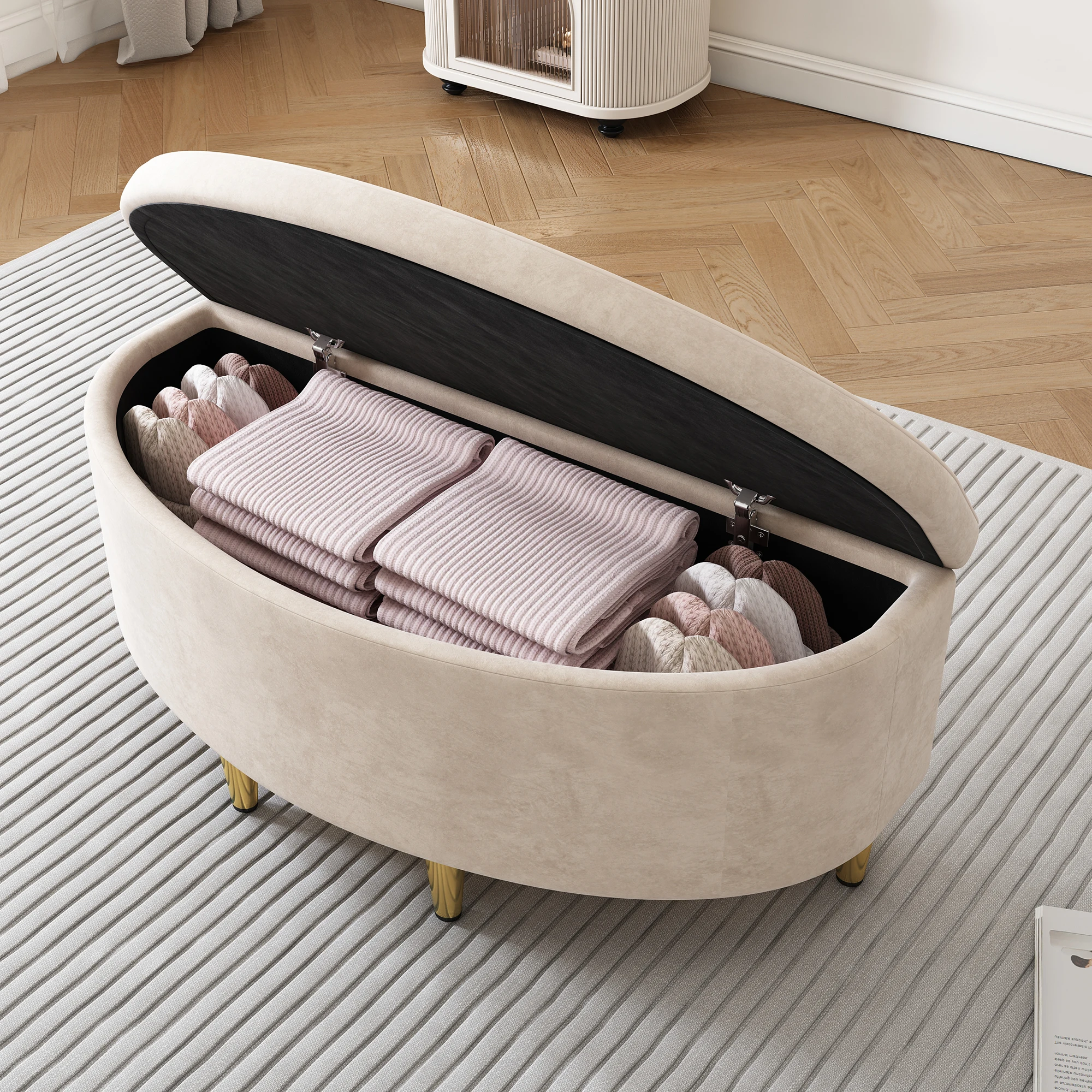 Banco de almacenamiento 90x40x42 cm, acolchado de terciopelo, alimentación de metal, apto para pasillo/sala de estar/dormitorio, beige/rosa