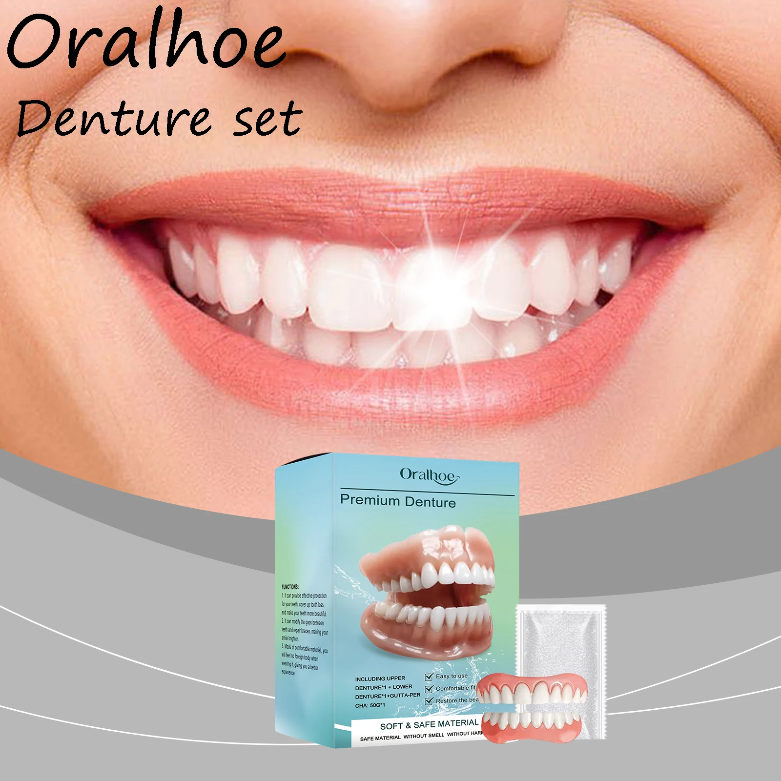 

Oralhoe Silicone Fake Teeth Set Natural False Tooth Denture Comfortable Filling Teeth Gap Safe Simple Perfect Smile Firm Denture