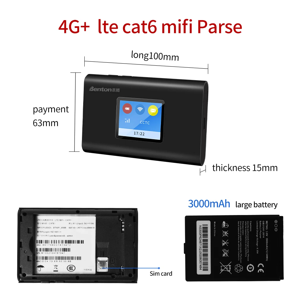 Benton ปลดล็อก Cat 6 4G + Lte Router แบบพกพาไร้สาย300Mbps Wifi Pocket Mifi Hotspot ประเภท C 3000MAh ซิมการ์ด