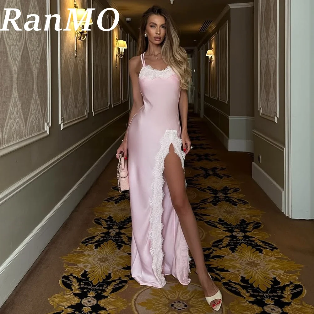 란모 핑크 사우디 두바이 머메이드 프롬 드레스 새틴 레이스 정장 프롬 드레스 스파게티 스트랩 베스티도스 데 피에스타 우아한 맞춤형