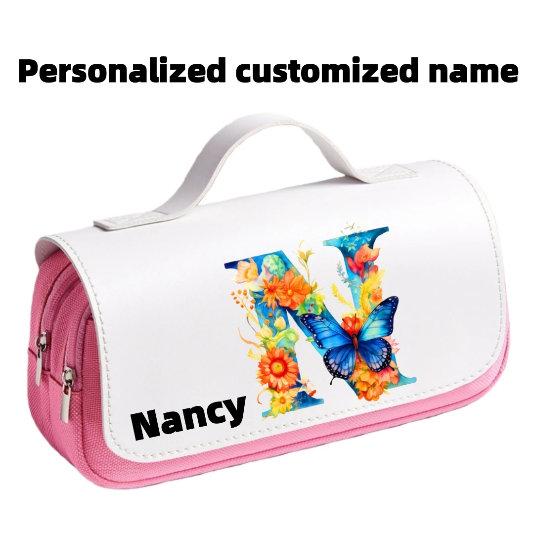 Custom Name Pencil Case with floral & butterfly prints. 3-layer large capacity, ideal for school stationery,holiday gifts.