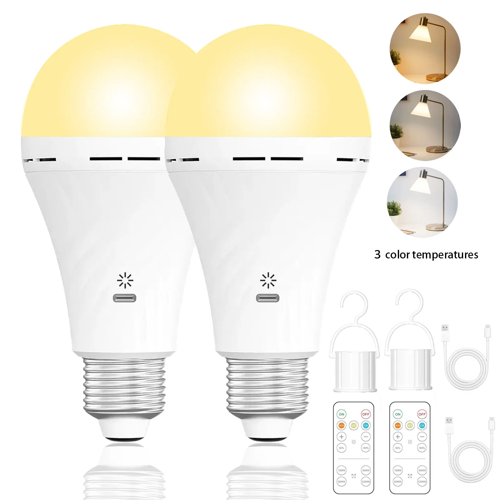 USB-C Rechargeable Emergency Bulb with E27 Socket, Tri-Color Temperature (3000K-6000K), Remote Control, for Living Room, Bedroom