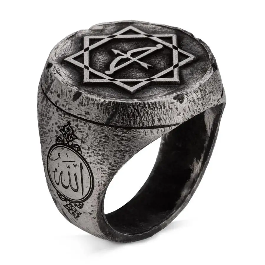 Alparslan Büyük Seljuk Eight-Pointed Star Arrow Bow Antiqued Silver Men's Ring