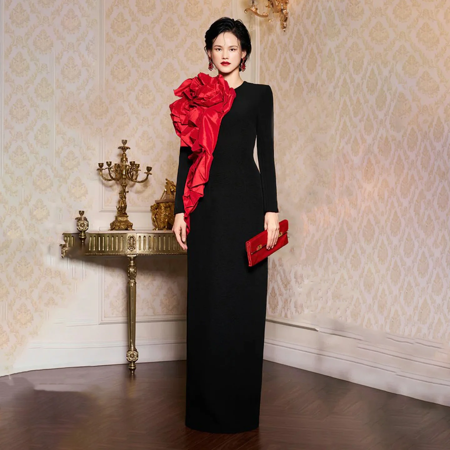 Sharon Said Arabic Black and Red Evening Dress with 3D Flowers Full Sleeve Dubai Wedding Party Gowns SF318 Customized