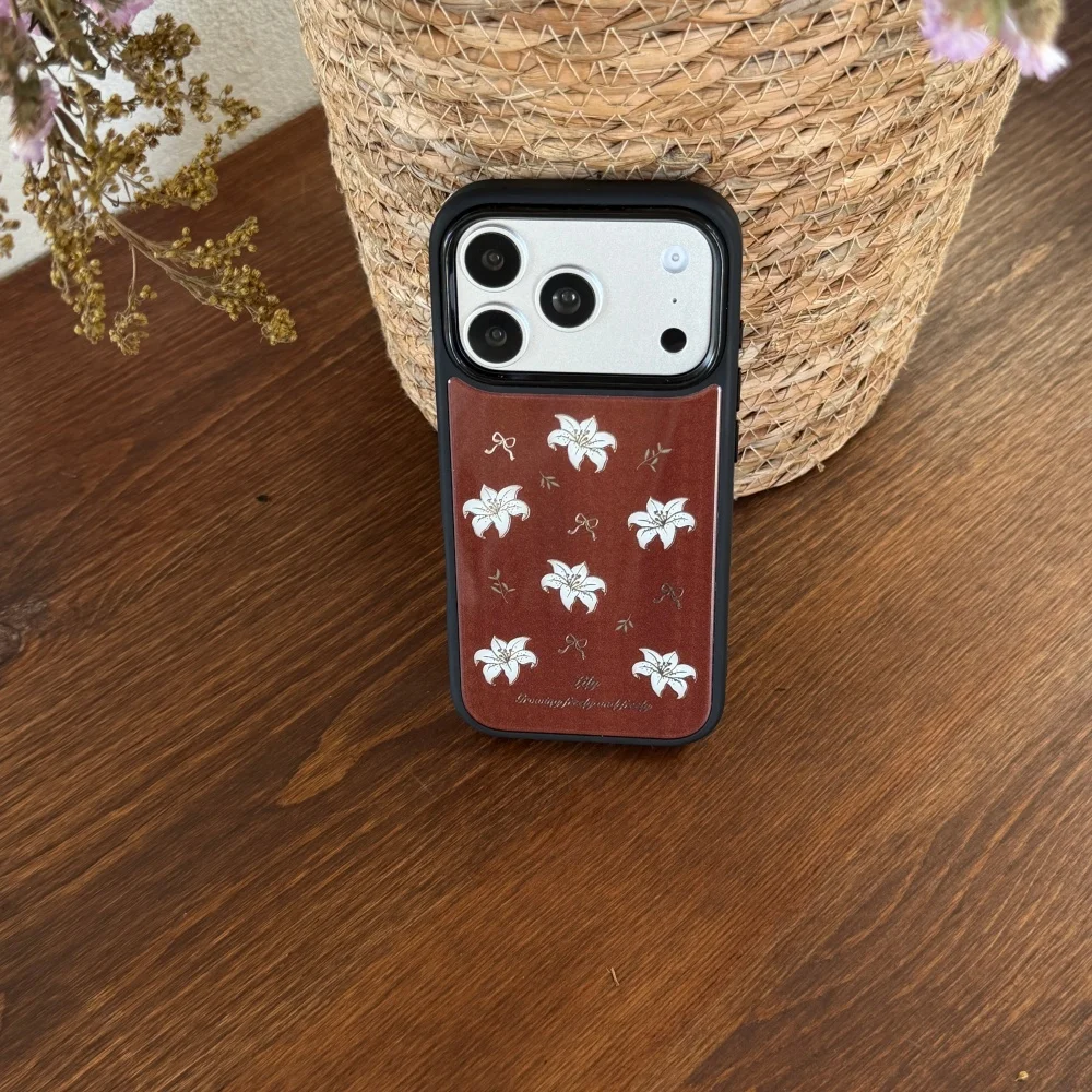 

Fashionable brown background lily mobile case, suitable for iPhone 13/14/15/16/17 Pro,fashionable new shockproof protective case