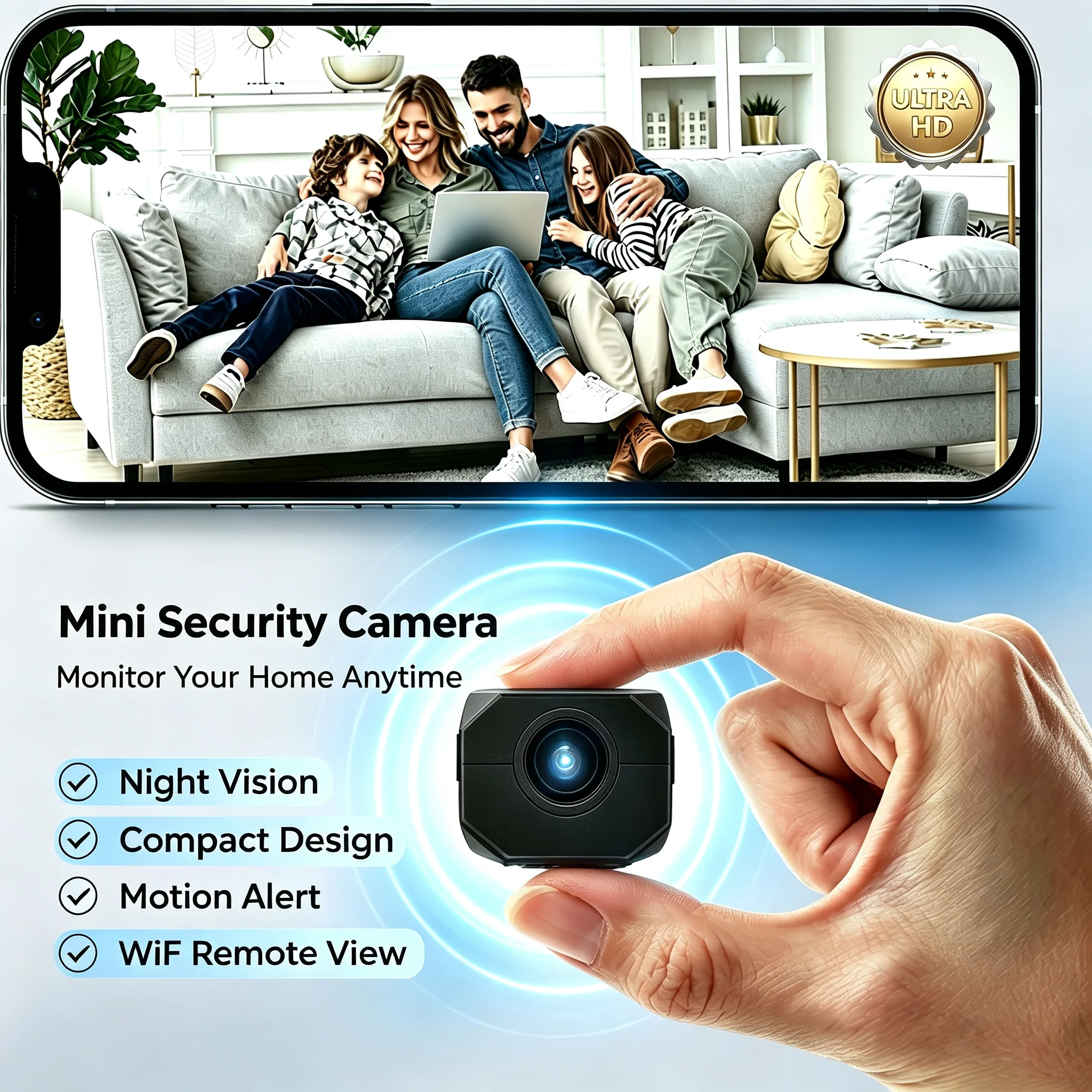 Mini 4K Wireless Security Camera Indoor Outdoor WiFi IP Cam with Night Vision Motion Detection Two-Way Audio Baby Monitor Pet
