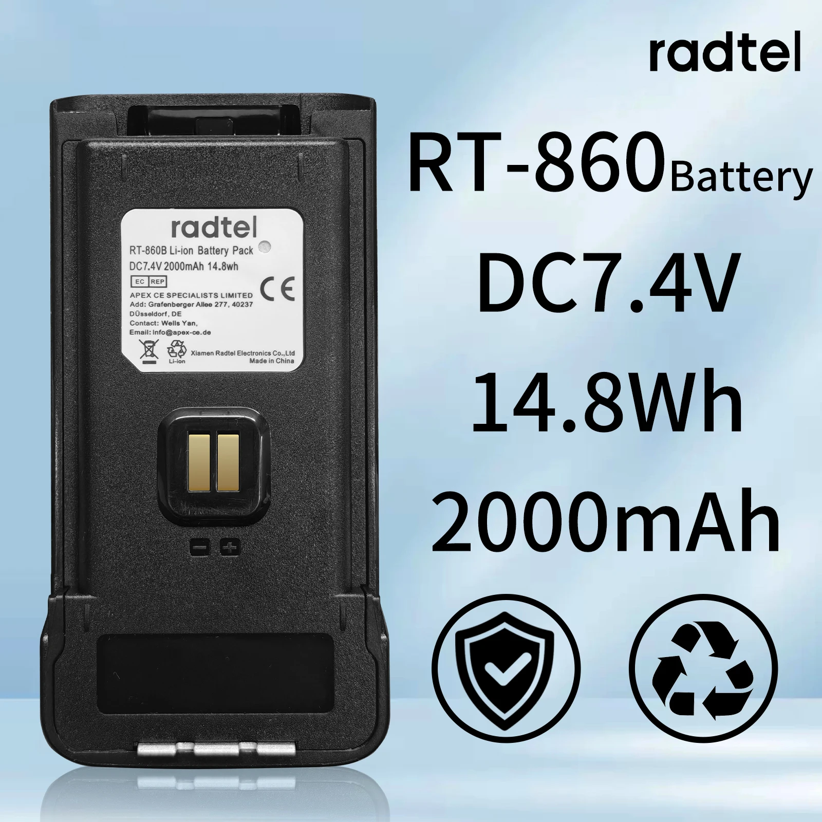 חבילת סוללות וואלקי 7.4v 2000mah עבור רטל רטל רדיו RT-860 שני כיווני