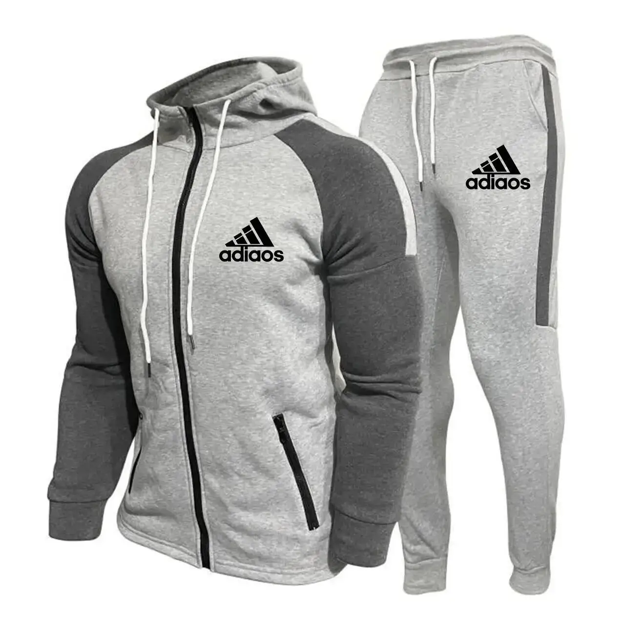 2024 Autumn And Winter Men's Hooded Sportswear Set, Contrasting Zipper Cardigan, Fashionable Sports Pants, 2-Piece Set