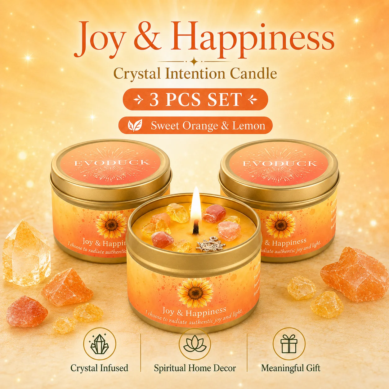 3Pcs Joy & Happiness Crystal Intention Scented Candle Set, Sweet Orange & Lemon Scented Soy Candles with Orange Calcite & Citrine, Positive Energy Mood Boost Uplifting Aromatherapy Tin Candles, Sunflower Summer Birthday Thank You Gift