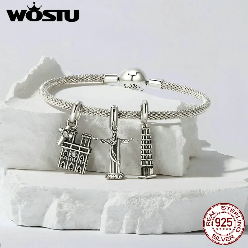 WOSTU 925 Sterling Silver World Famous Building Charms Big Ben ciondolo torre di Pisa Fit braccialetto originale creazione di gioielli fai da te