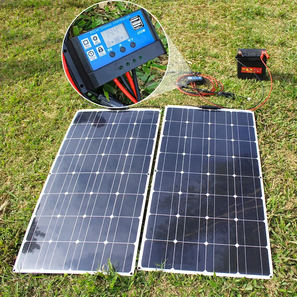 Panneau solaire 100w, 200w, 12v, mono cellules, pour l'extérieur, flexible, kit pour éclairage domestique, batterie au plomb