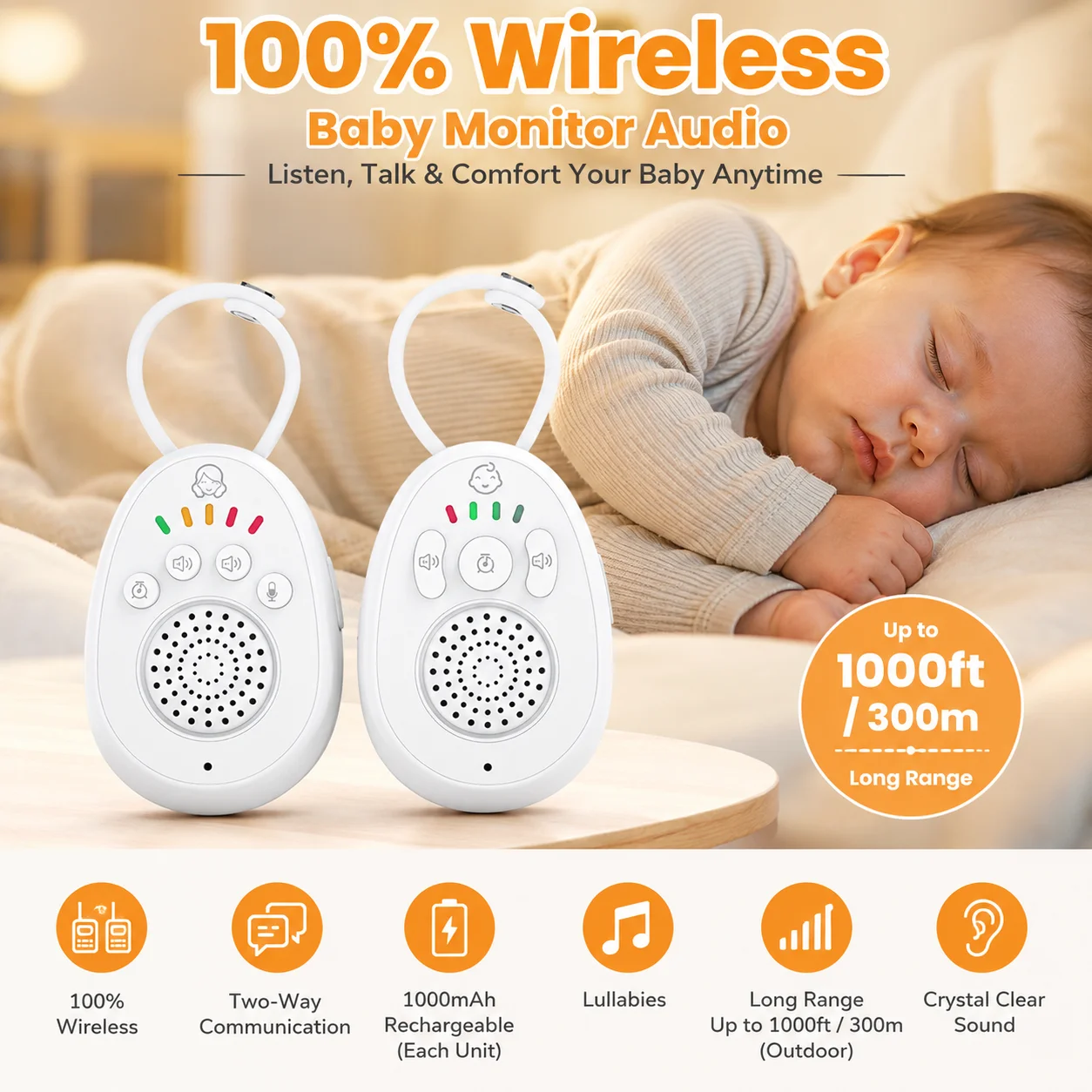 Wireless Audio Baby Monitor 1000MAh, Two-Way Talk, Lullaby, 1000ft Long Range, Rechargeable Baby Intercom For Home