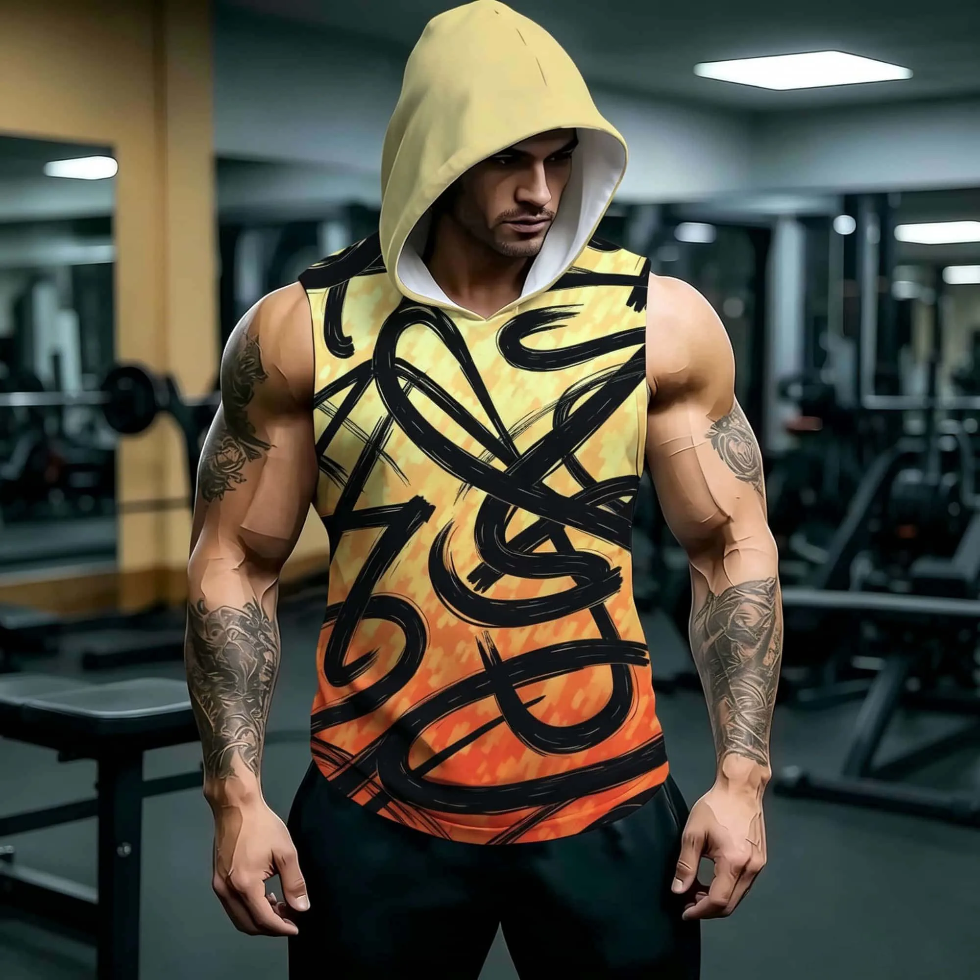 Herren Ärmelloses Kapuzen-Tanktop mit Abstraktem Graffiti-Print, Atmungsaktives Sommer-Fitness-Oberteil, Lässige Muskel-Sportbekleidung