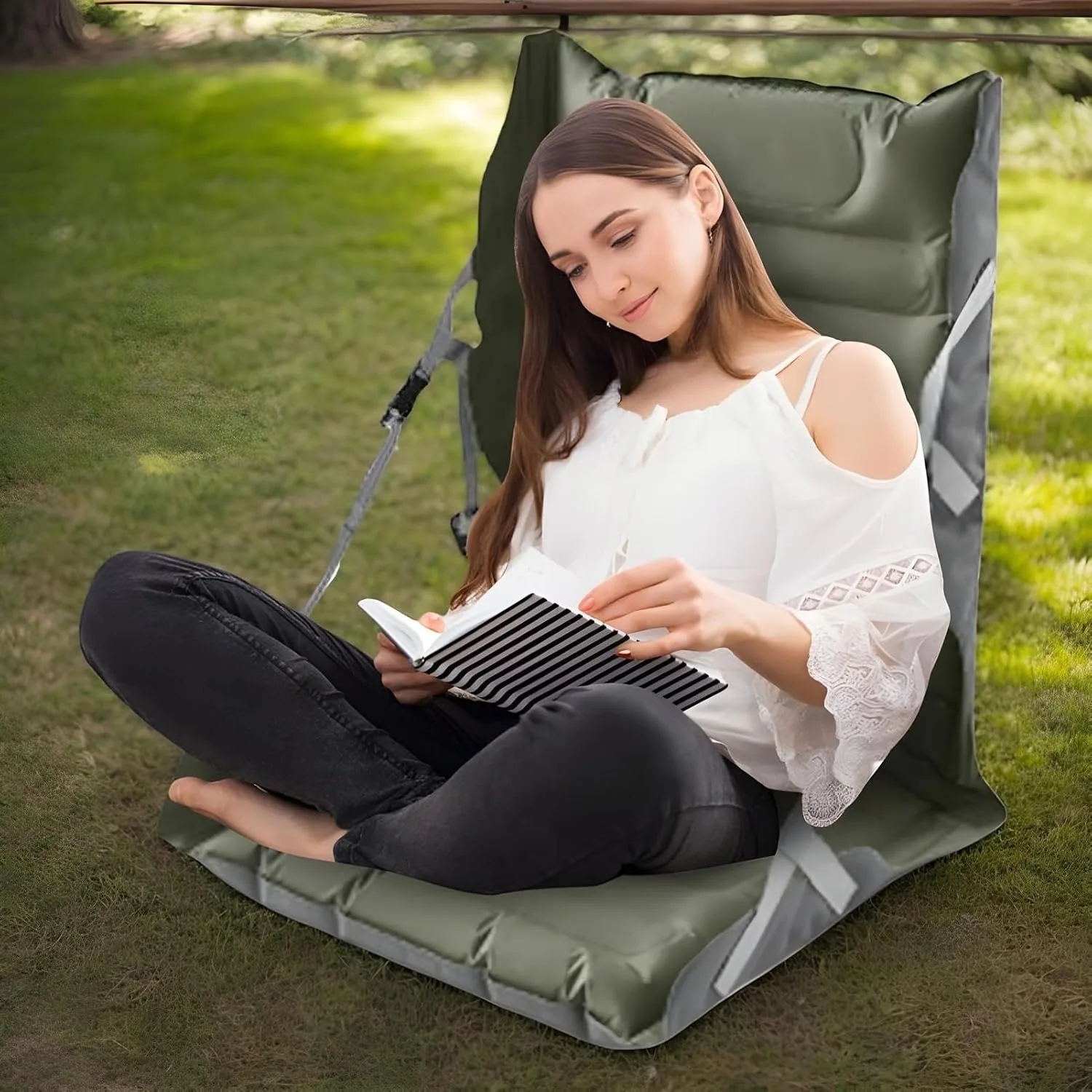 Inflatable Folding Seat Compact Inflatable Seat Cushion Air Sitting Pad with Back Support Bleacher Chairs for Camping Stadium