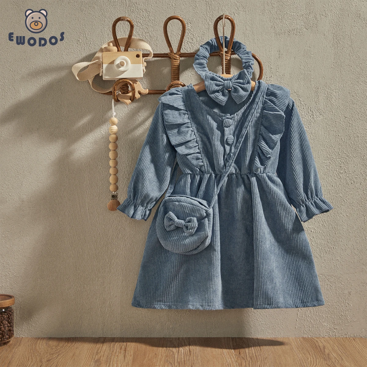 EWODOS 1-6 lat maluch dziewczynek jesień urocza sukienka z długim rękawem wokół szyi potargane przycisk sukienka trapezowa z opaski na głowę z kokardką torby